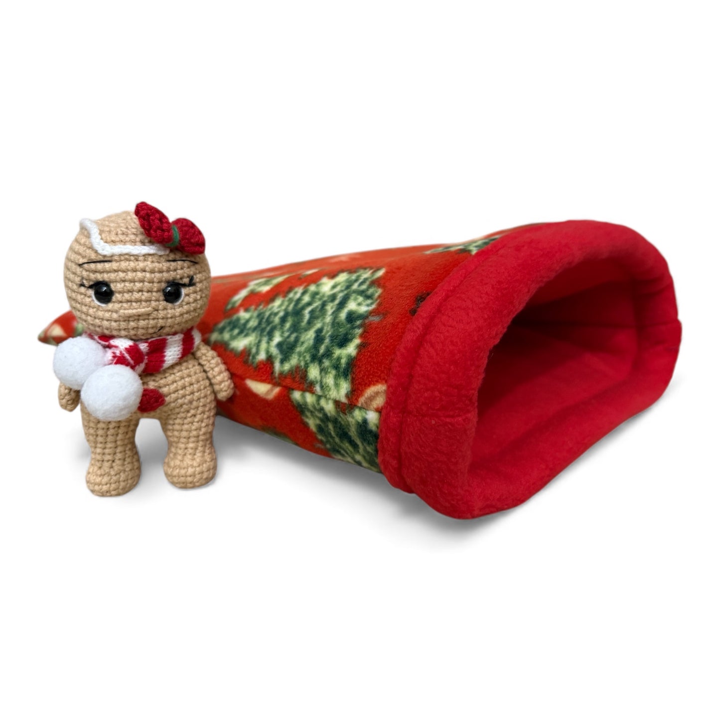 Kalėdinis jūrų kiaulyčių guolių komplektas „Eglutės“ – tuneliukas, miegmaišis, pagalvėlė