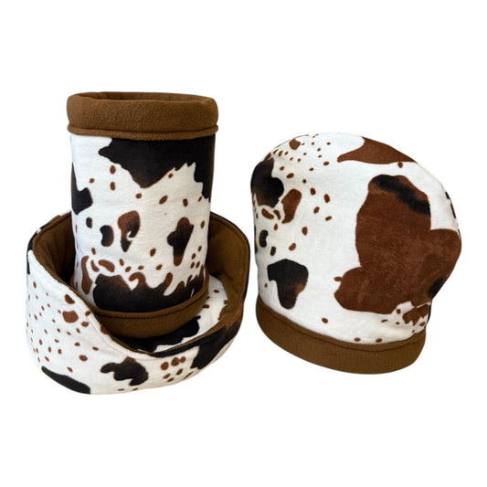 Guolių komplektas jūrų kiaulytėms „Karvytės kampelis“ | Flisiniai guoliai su karvės kailio raštu